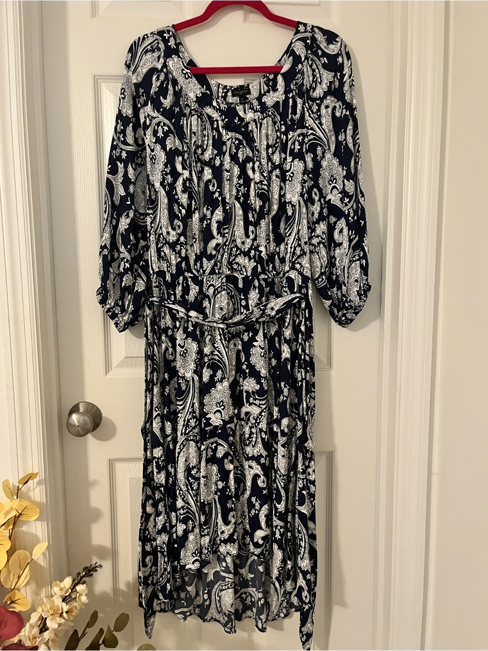 Talbots Navy and White Paisley Midi Dress with Waist Tie